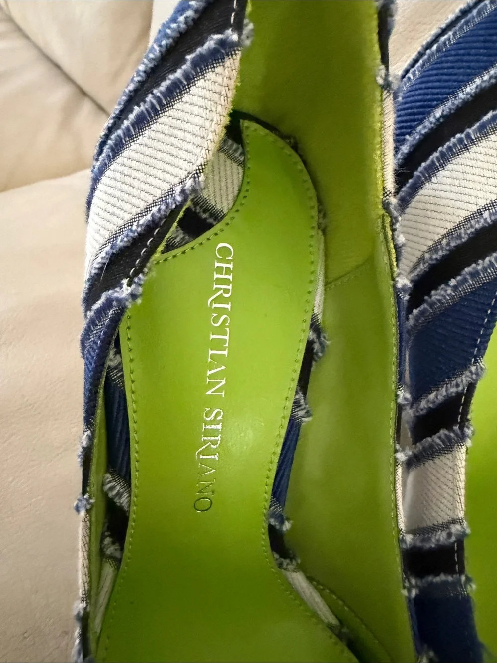 Christian Siriano Navy and White Striped Pointed Pumps with Lime Insole